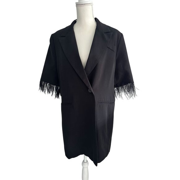 BLACK Faux Feather Sleeve Blazer Dress Size Large - Picture 3 of 6